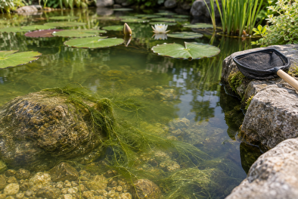 Filaments d’algues sur une pierre et épuisette près d’un bassin planté