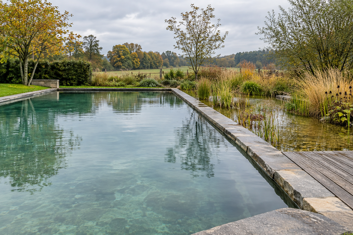Illustration d’un bassin de baignade avec zone plantée séparée en automne