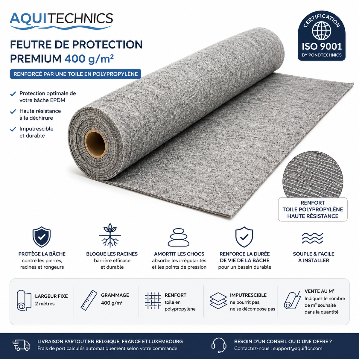 Feutre Géotextile pour Étang & Bassin - Aquitechnics Premium 400G/M² (vendu par m²) - Feutre de protection pour étang (Feutrine pour bâche en EPDM ou en PVC) - Largeur 2M