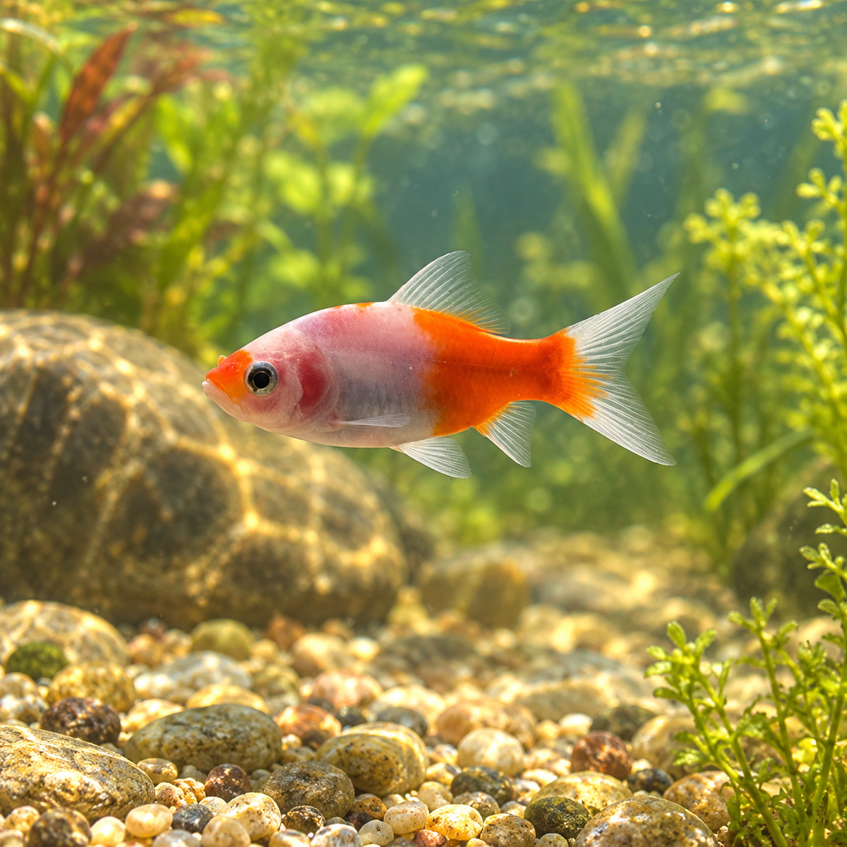 Sakura Shubunkin (Red Devil) dans l’eau — mise en situation illustrative générée