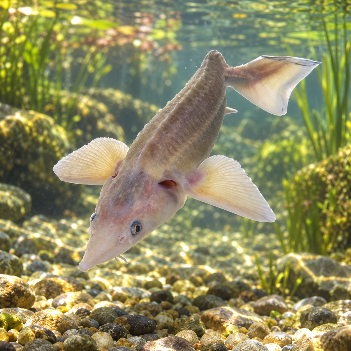 Sterlet albino dans l’eau — mise en situation illustrative générée