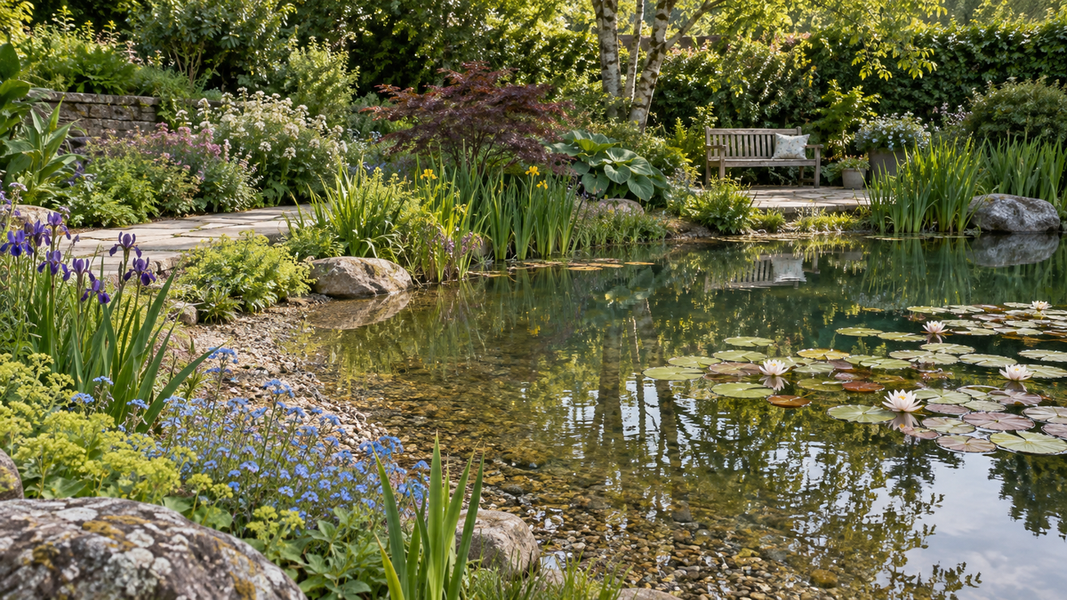 Illustration d’un bassin paysager avec berge en pente douce, plantes et coin de repos