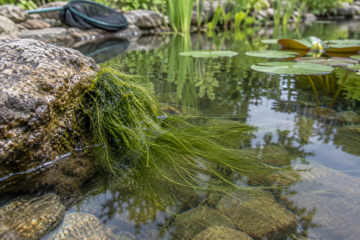 Filaments verts accrochés à une pierre au bord d’un bassin