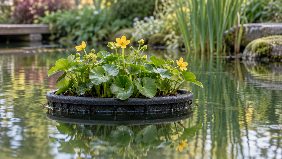 Illustration d’un panier flottant planté de végétaux de marais à fleurs jaunes