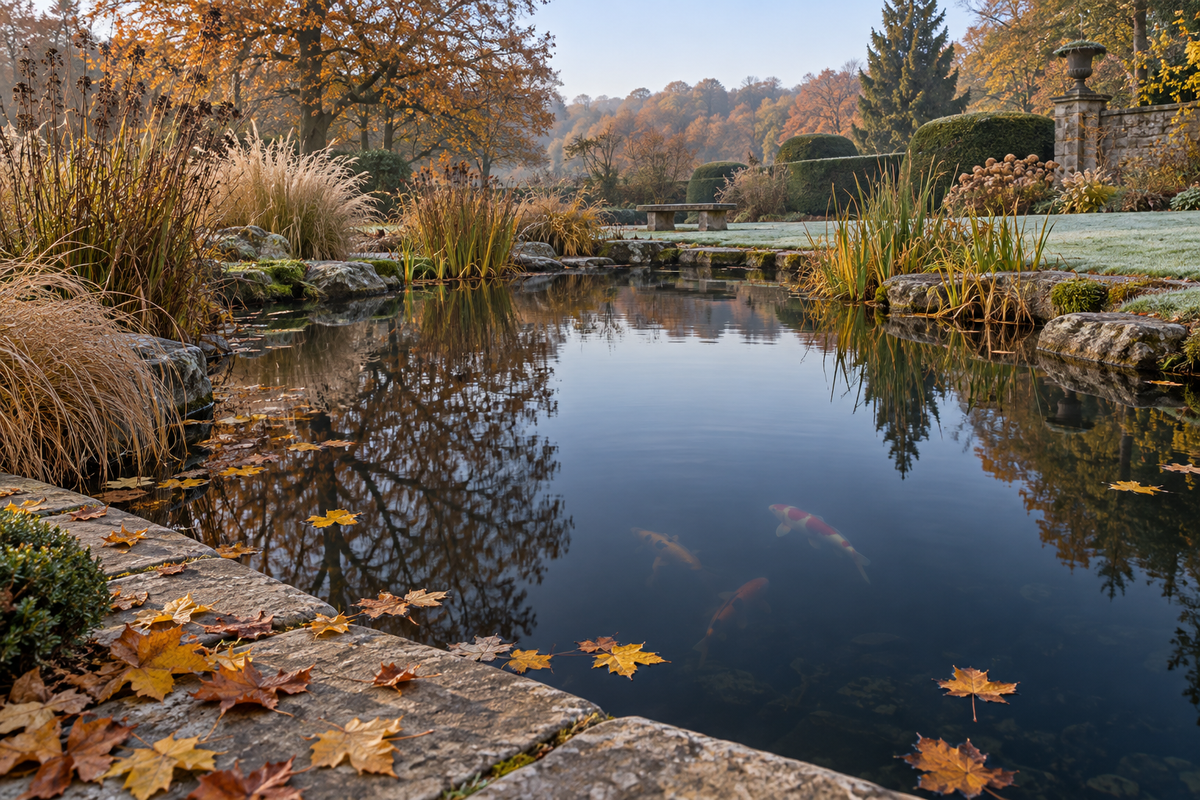Illustration d’un bassin de jardin en fin d’automne avant les premières gelées
