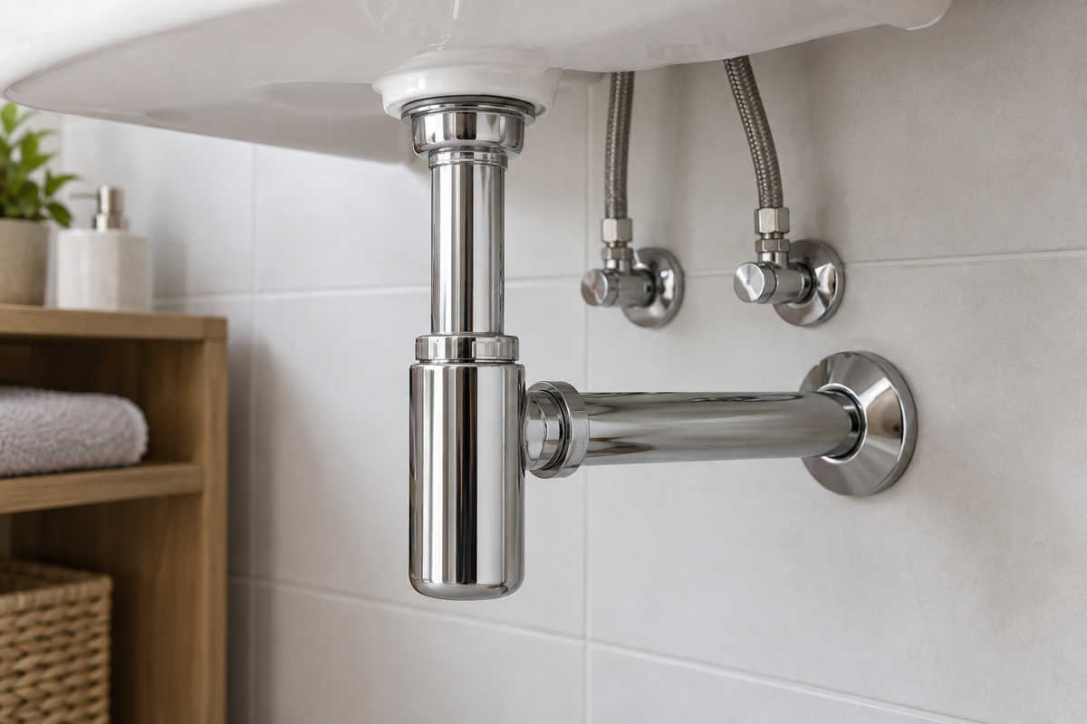 Siphon bouteille sous un lavabo, relié à la conduite d’évacuation murale