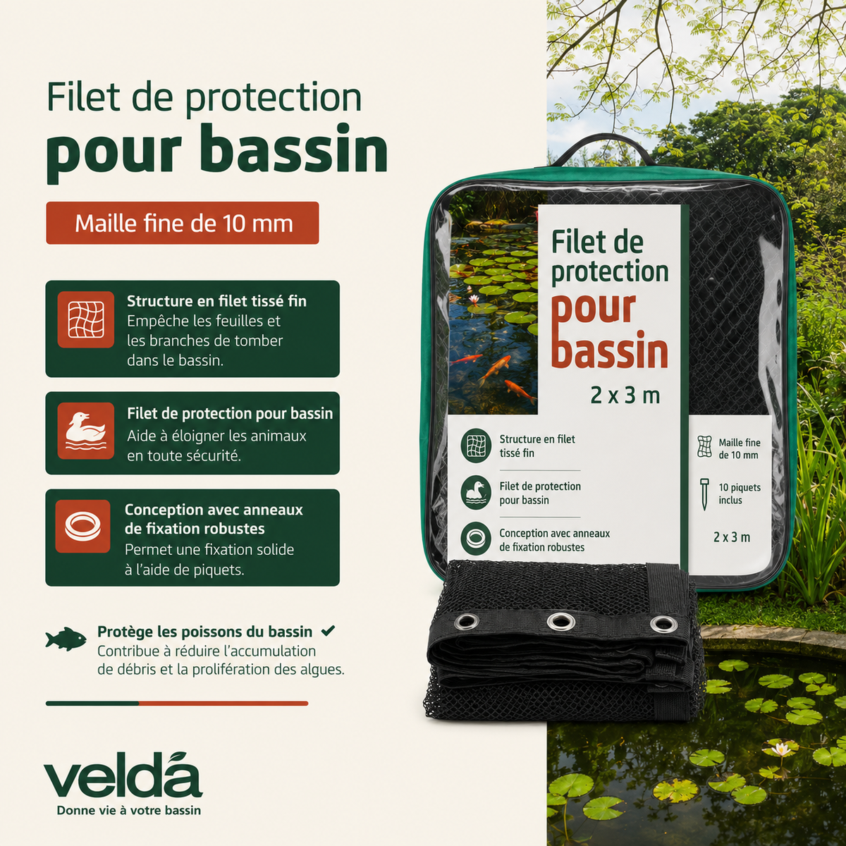 CoverNet 2 x 3M - Filet de protection de haute qualité avec œillets pour étangs & bassins - Velda