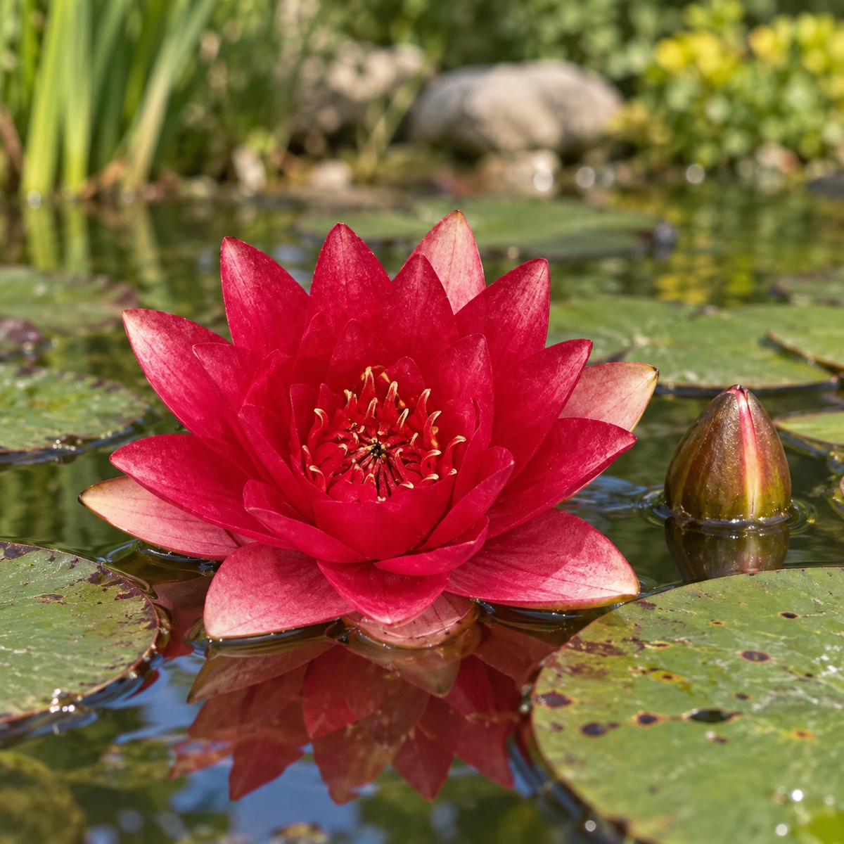 Aquipond Nénuphar rouge en kit sec – Nymphaea prêt à planter (panier inclus)