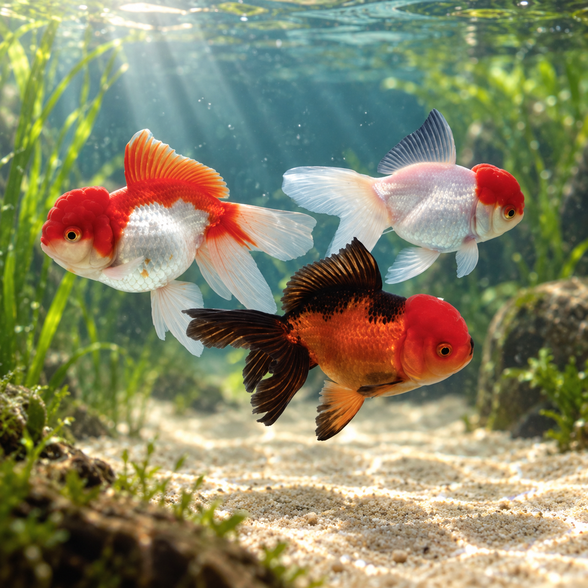 Premium oranda handpick dans l’eau — mise en situation illustrative générée