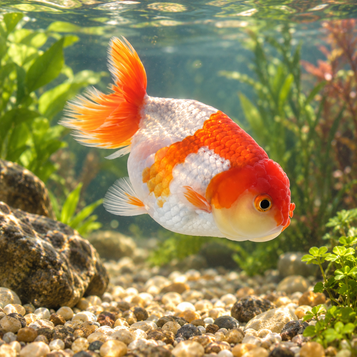Ranchu Assorties Mix - Voiles de Chine Ranchu dans l’eau — mise en situation illustrative générée