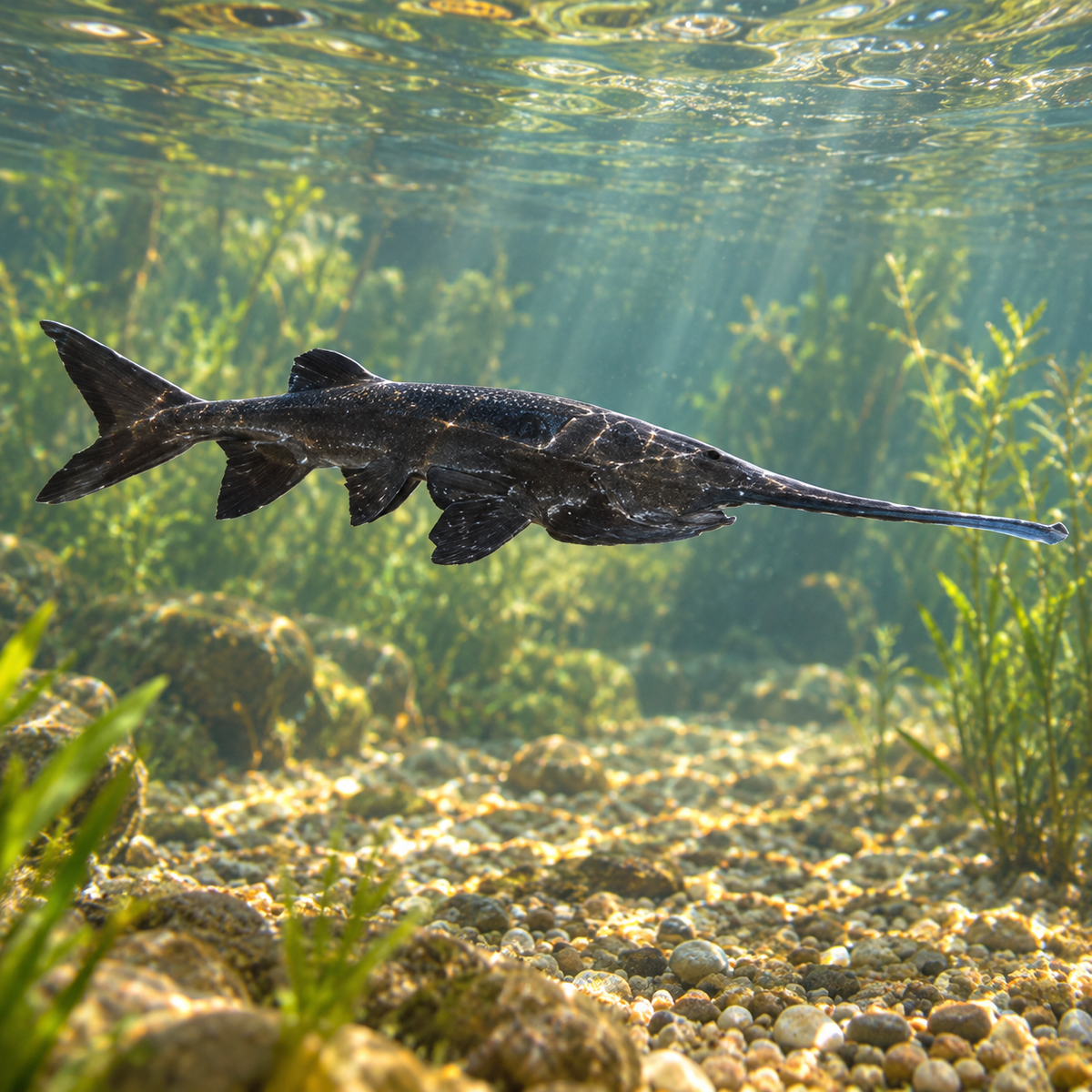 Esturgeon spathule dans l’eau — mise en situation illustrative générée