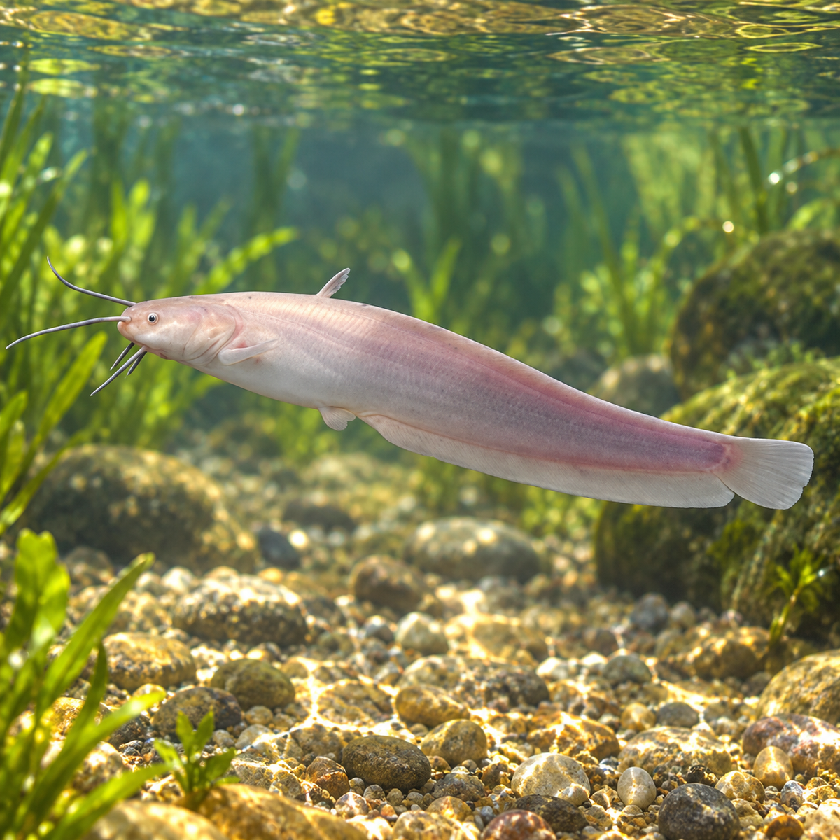 Silure Européenne albino 12 à 15CM /  Albino meerval dans l’eau — mise en situation illustrative générée
