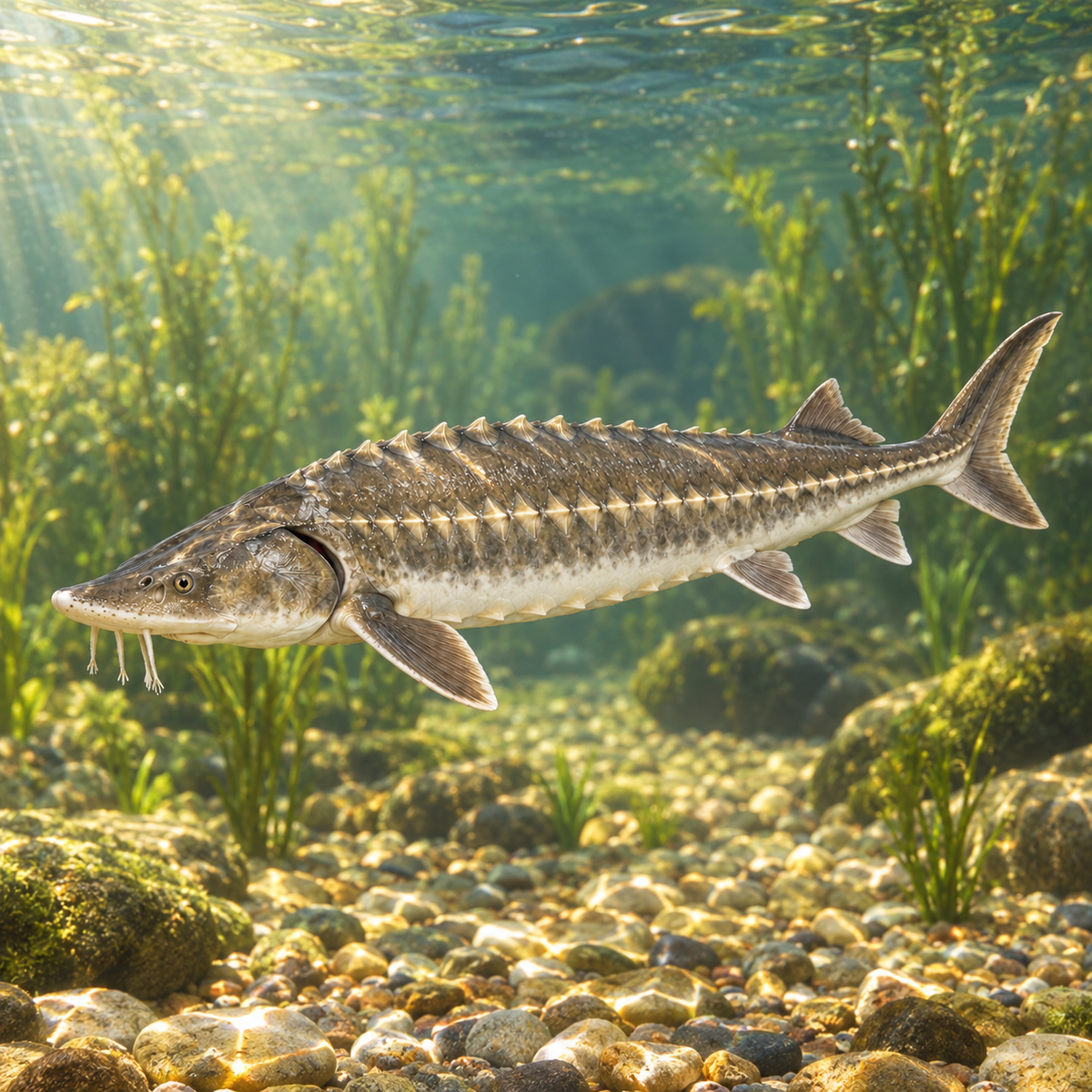 Esturgeon barbillons frangés dans l’eau — mise en situation illustrative générée