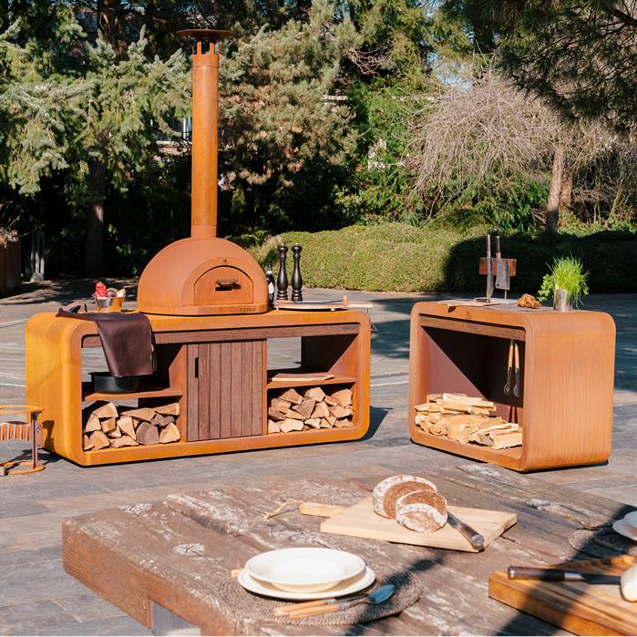 Meuble pour four à pizza Atelier Voûte - corten et bambou - Aquigarden