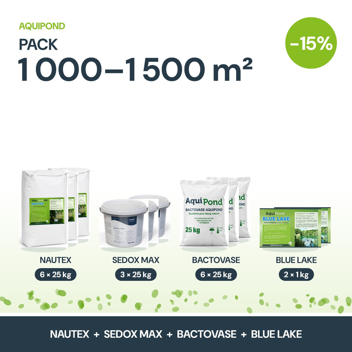 Pack Lentilles d'eau Aquipond – Nautex, SeDox Max & Bactovase (150 à 1 500 m²)