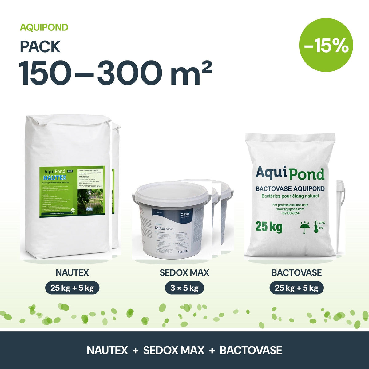 Pack Lentilles d'eau Aquipond – Nautex, SeDox Max & Bactovase (150 à 1 500 m²)